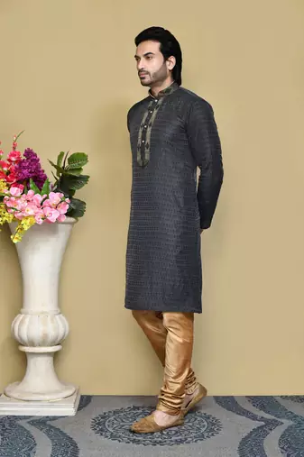 Black woven art silk kurta pajama