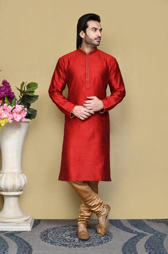 Red woven art silk kurta pajama