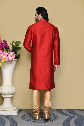 Red woven art silk kurta pajama