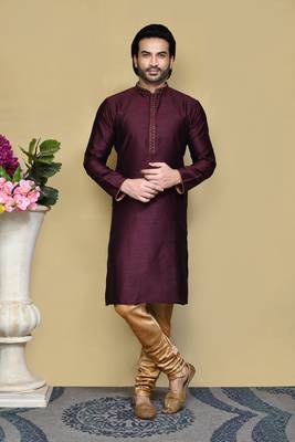 Purple woven art silk kurta pajama 1