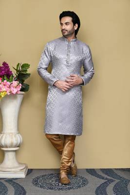 Grey woven art silk kurta pajama 1