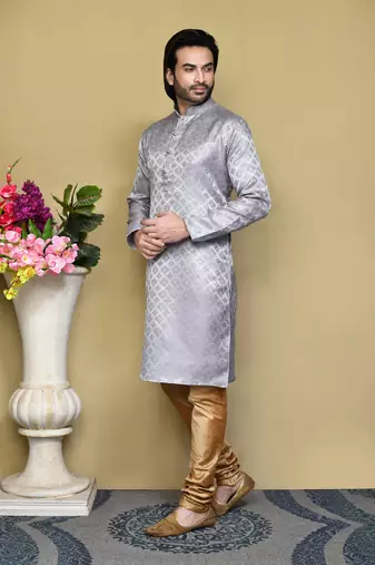 Grey woven art silk kurta pajama