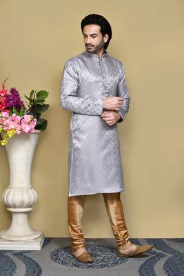 Grey woven art silk kurta pajama 4