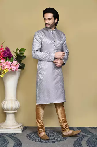 Grey woven art silk kurta pajama