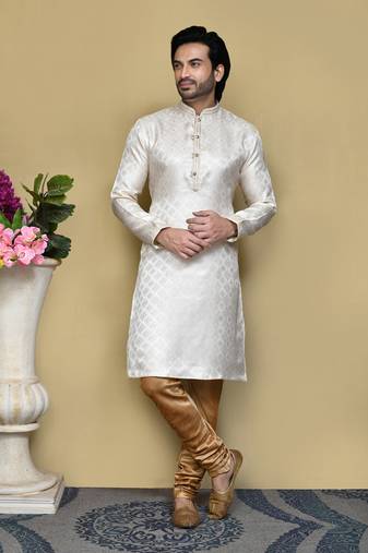 Cream woven art silk kurta pajama