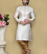 Cream woven art silk kurta pajama
