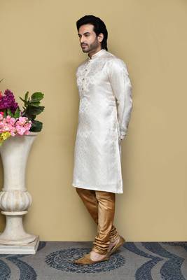 Cream woven art silk kurta pajama 2