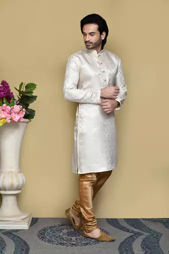 Cream woven art silk kurta pajama