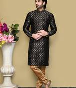 Black woven art silk kurta pajama