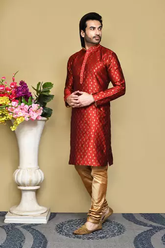 Red woven art silk kurta pajama