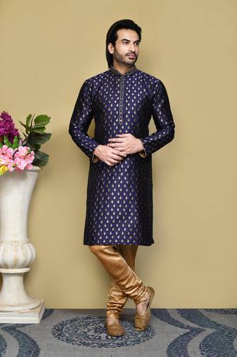 Royal blue woven art silk kurta pajama