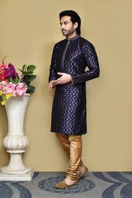 Royal blue woven art silk kurta pajama 2