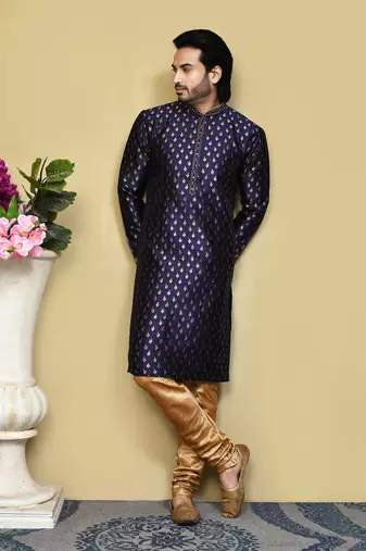 Royal blue woven art silk kurta pajama