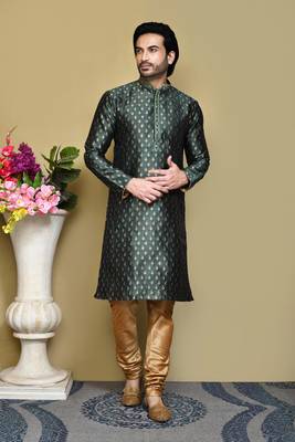 Green woven art silk kurta pajama 1