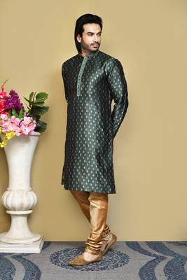 Green woven art silk kurta pajama 2