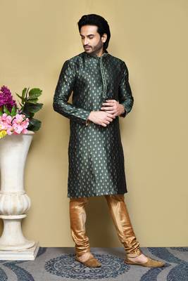 Green woven art silk kurta pajama 4