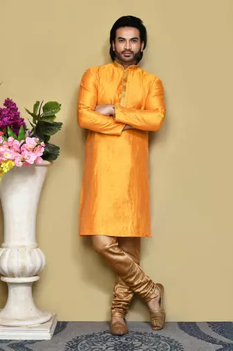 Yellow woven art silk kurta pajama
