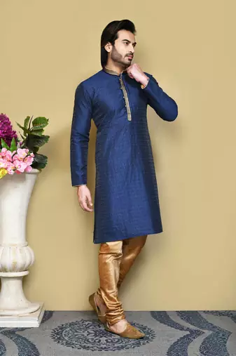 Royal blue woven art silk kurta pajama