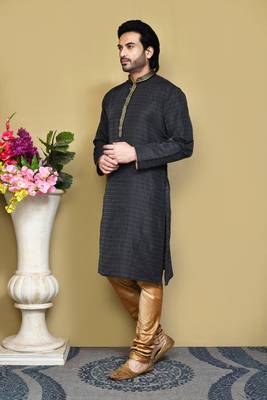 Black woven art silk kurta pajama 2