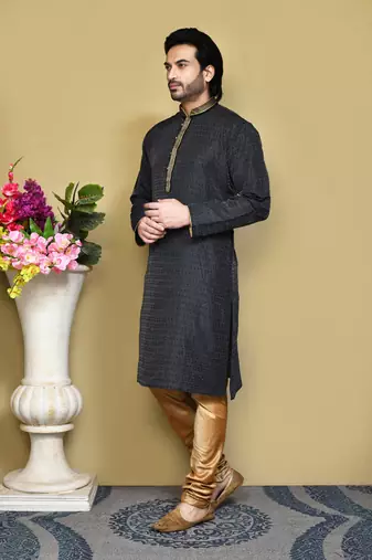 Black woven art silk kurta pajama