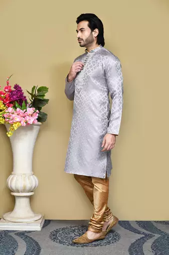Grey woven art silk kurta pajama