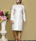 Cream woven art silk kurta pajama