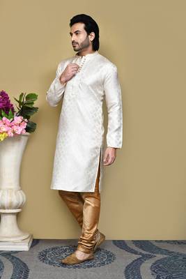 Cream woven art silk kurta pajama 2