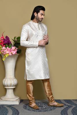 Cream woven art silk kurta pajama 4