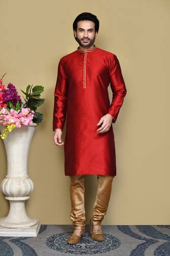 Maroon woven art silk kurta pajama