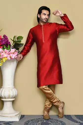 Maroon woven art silk kurta pajama