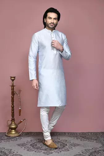 Grey woven art silk kurta pajama