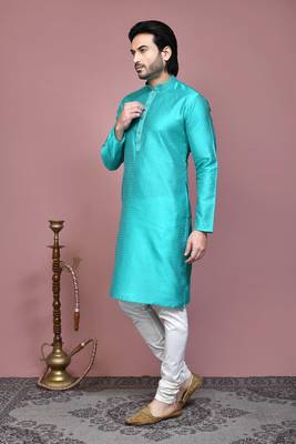 Green woven art silk kurta pajama 2