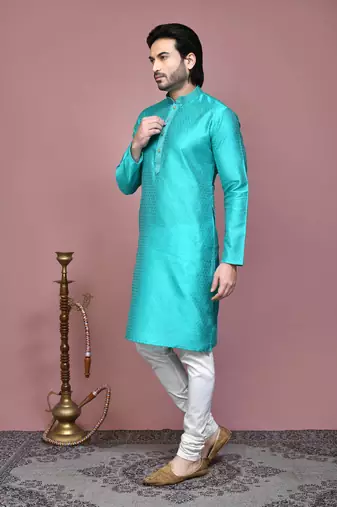 Green woven art silk kurta pajama