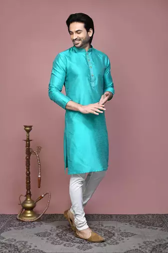 Green woven art silk kurta pajama