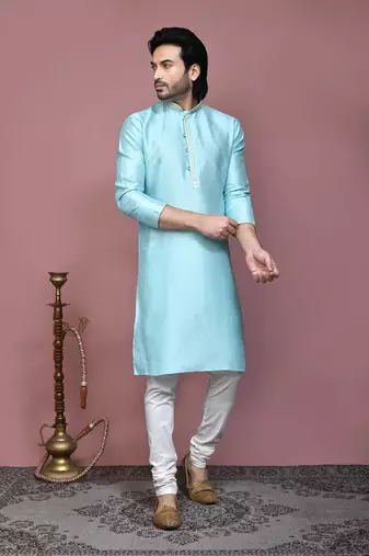 Green woven art silk kurta pajama