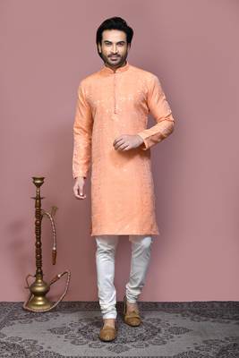 Rust woven art silk kurta pajama 1
