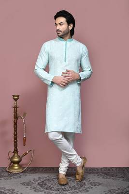 Green woven art silk kurta pajama 1