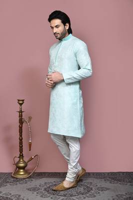 Green woven art silk kurta pajama 2