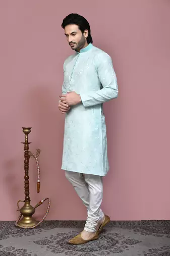 Green woven art silk kurta pajama