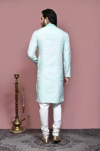 Green woven art silk kurta pajama