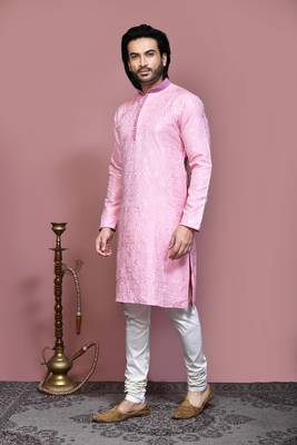 Pink woven art silk kurta pajama 2