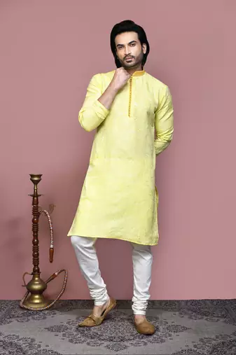 Yellow woven art silk kurta pajama