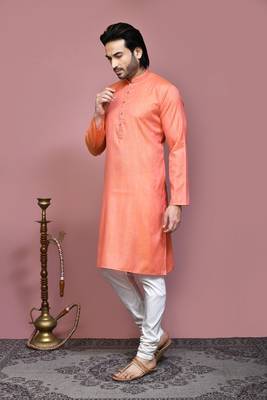 Orange plain cotton silk kurta pajama 2