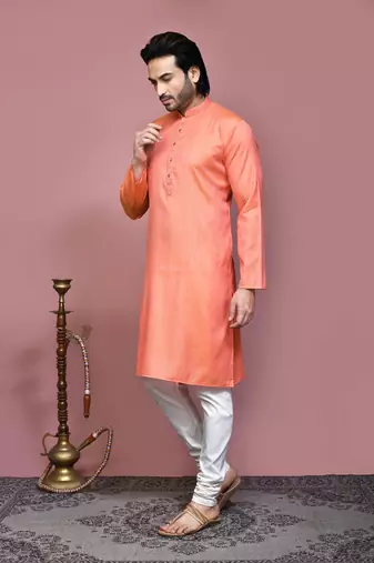 Orange plain cotton silk kurta pajama