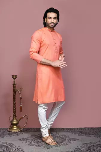 Orange plain cotton silk kurta pajama