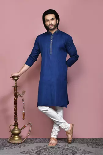 Blue plain cotton silk kurta pajama