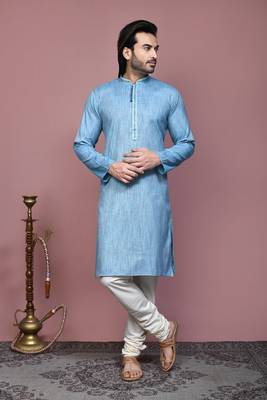 Sky blue plain cotton silk kurta pajama 1