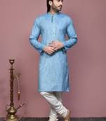 Sky blue plain cotton silk kurta pajama