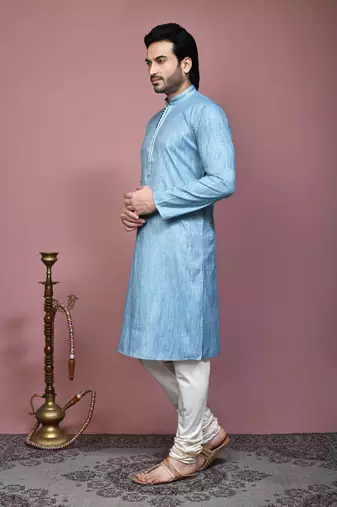 Sky blue plain cotton silk kurta pajama