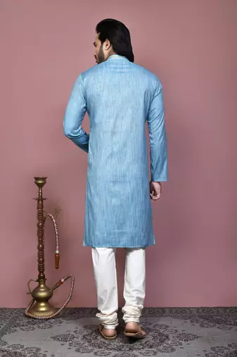 Sky blue plain cotton silk kurta pajama